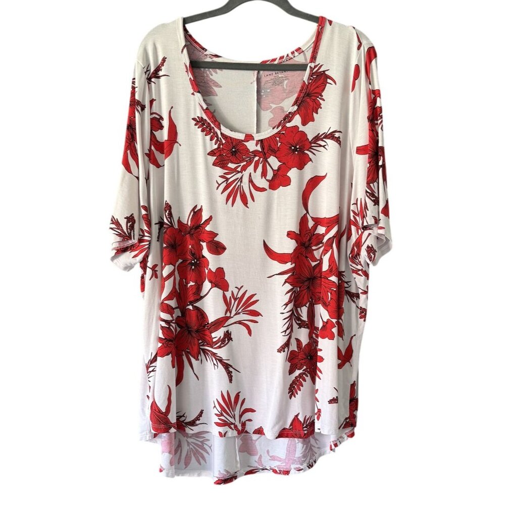 Lane Bryant Womens Red Floral Print Tunic Top Scoop Neck High-Low Hem Size 26/28